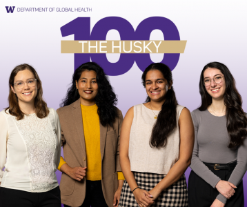 The four husky 100 winners smile at the camera with the Husky 100 logo above their heads.