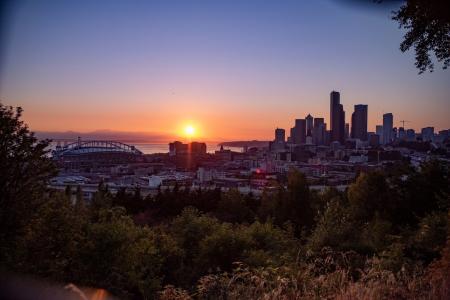 The Seattle skyline at sunset. The Seattle skyline at sunset.