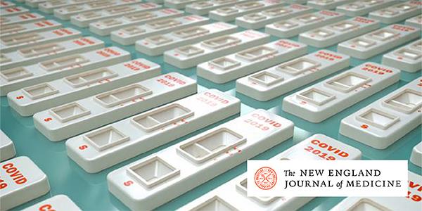 Image of multiple COVID-19 rapid tests with logo for the New England Journal of Medicine